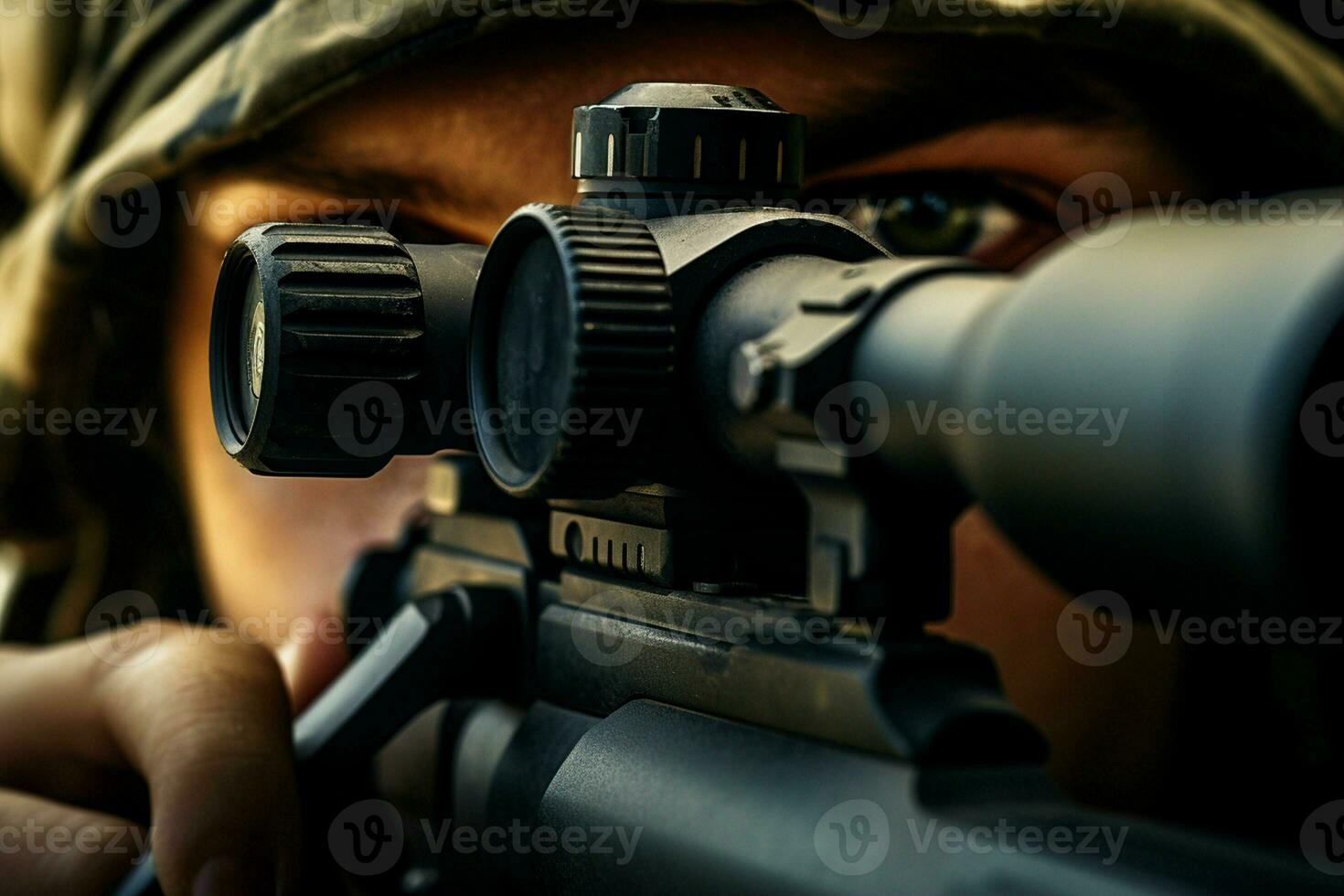 Close-up of a soldier with assault rifle. Selective focus. ai generated pro photo