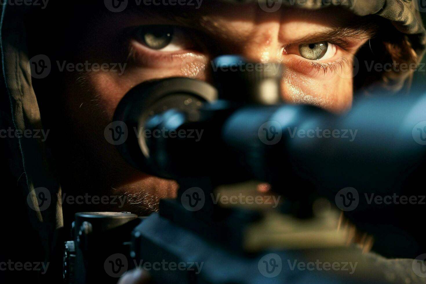 Close-up of a soldier with assault rifle. Selective focus. ai generated pro photo