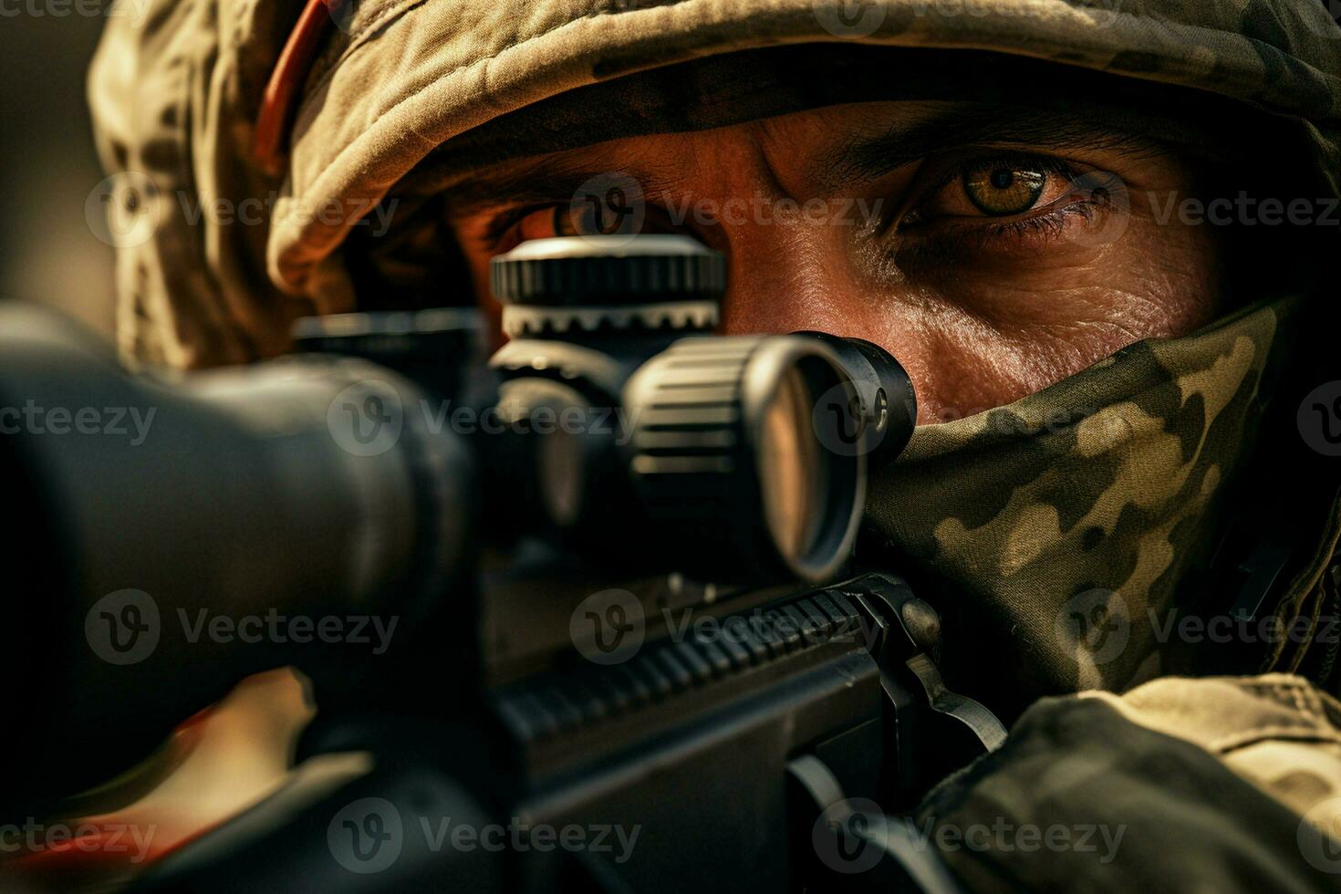 Close-up of a soldier with assault rifle. Selective focus. ai generated pro photo