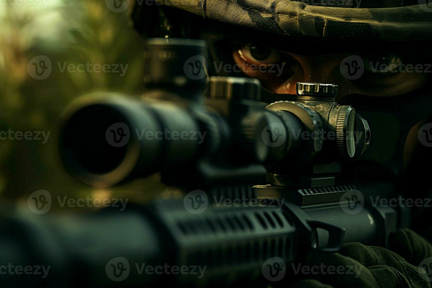 Close-up of a soldier with assault rifle. Selective focus. ai generated pro photo