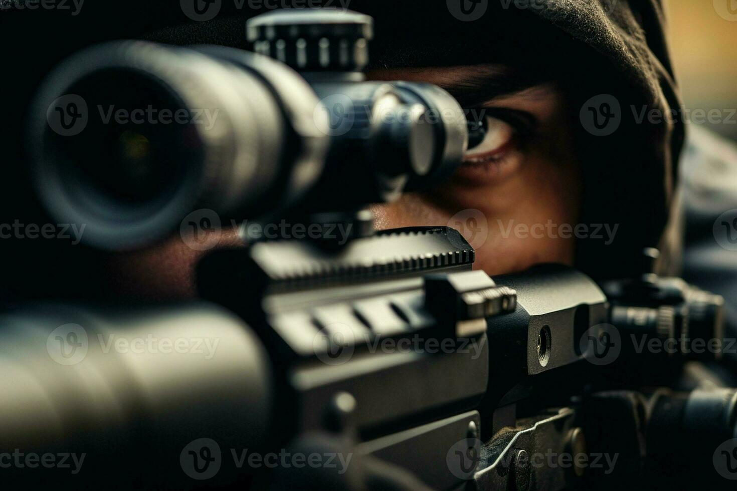 Close-up of a soldier with assault rifle. Selective focus. ai generated pro photo