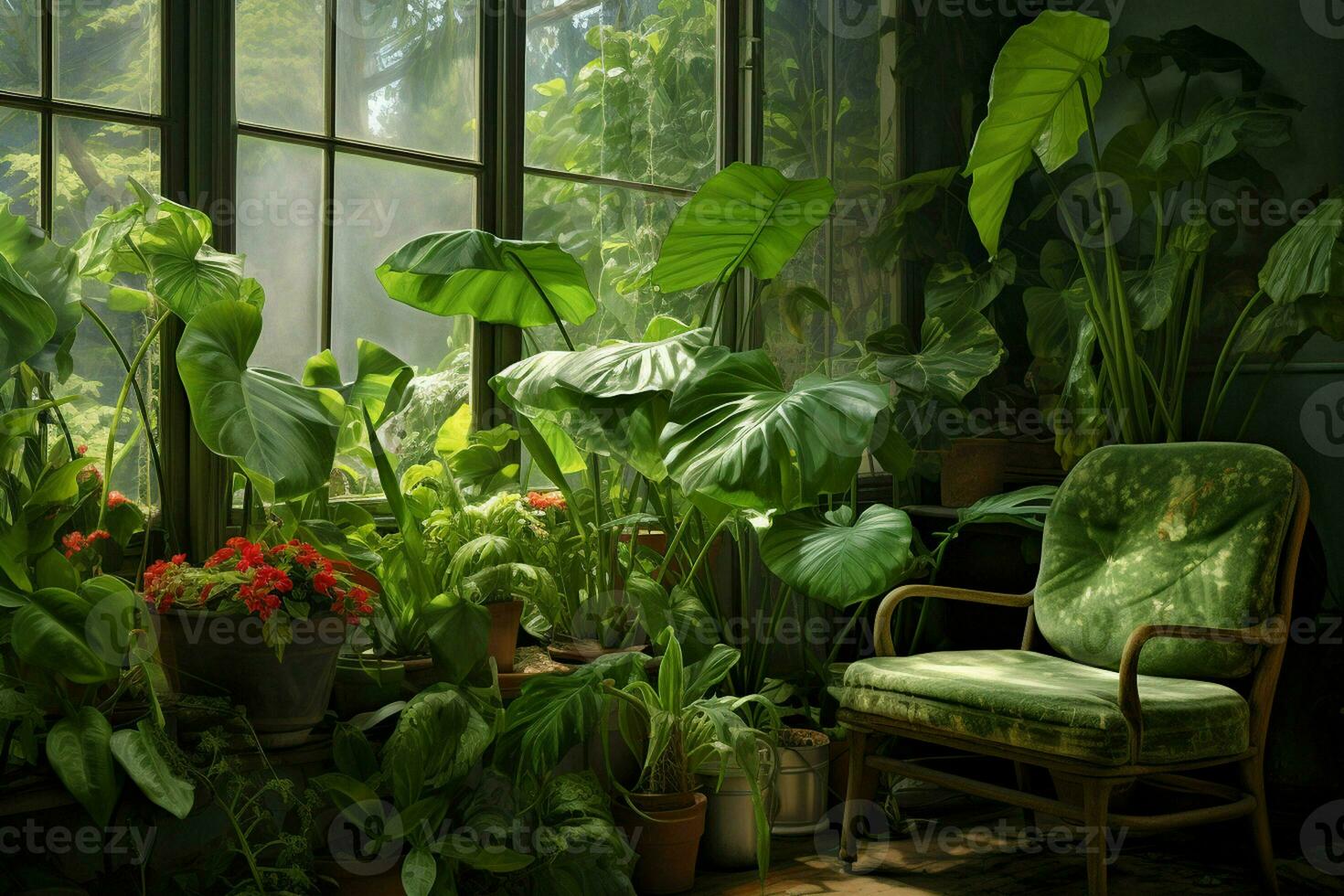 Greenhouse interior with plants on the windowsill and vintage armchair