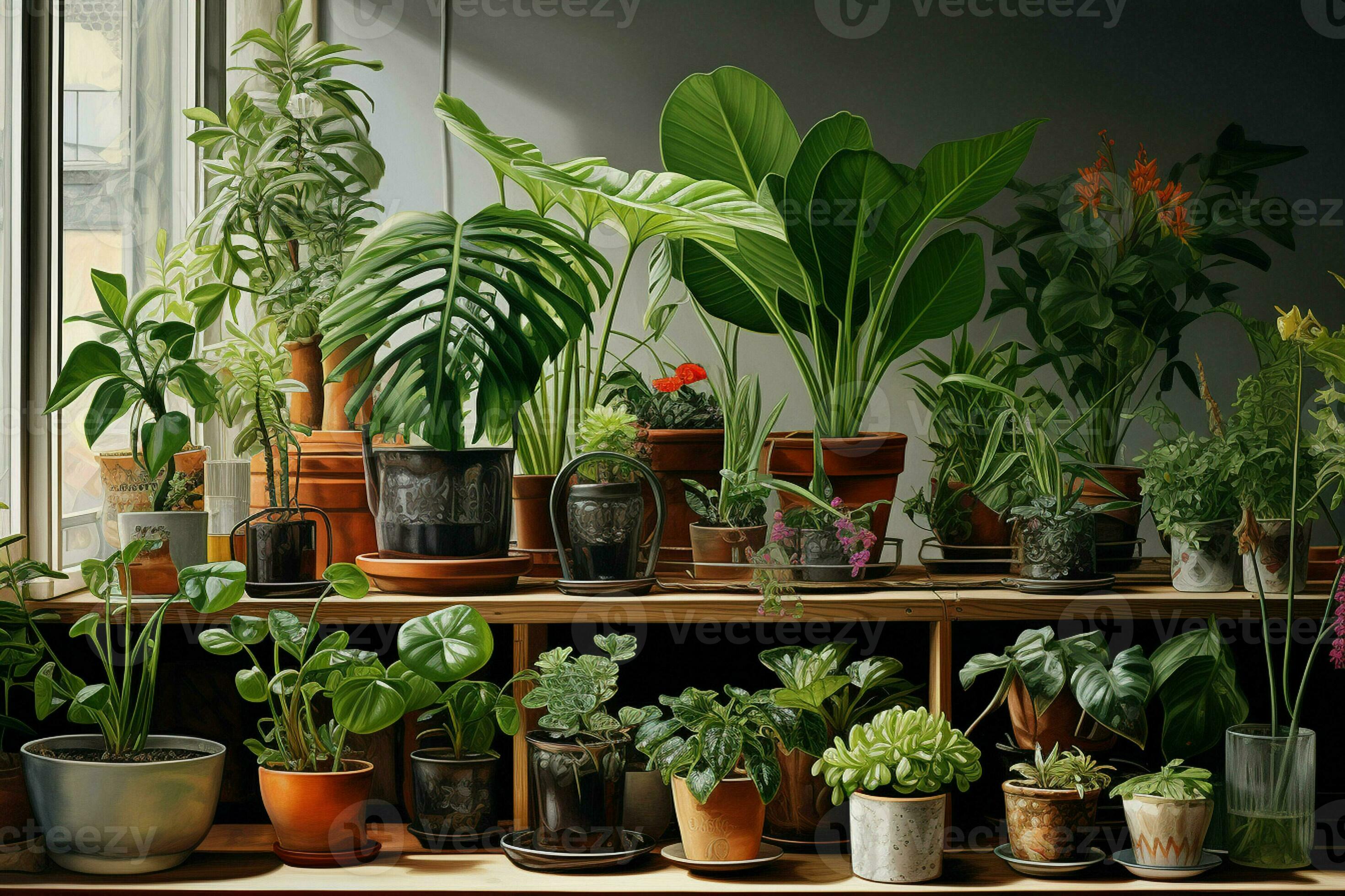 Greenhouse interior with plants on the windowsill and vintage armchair