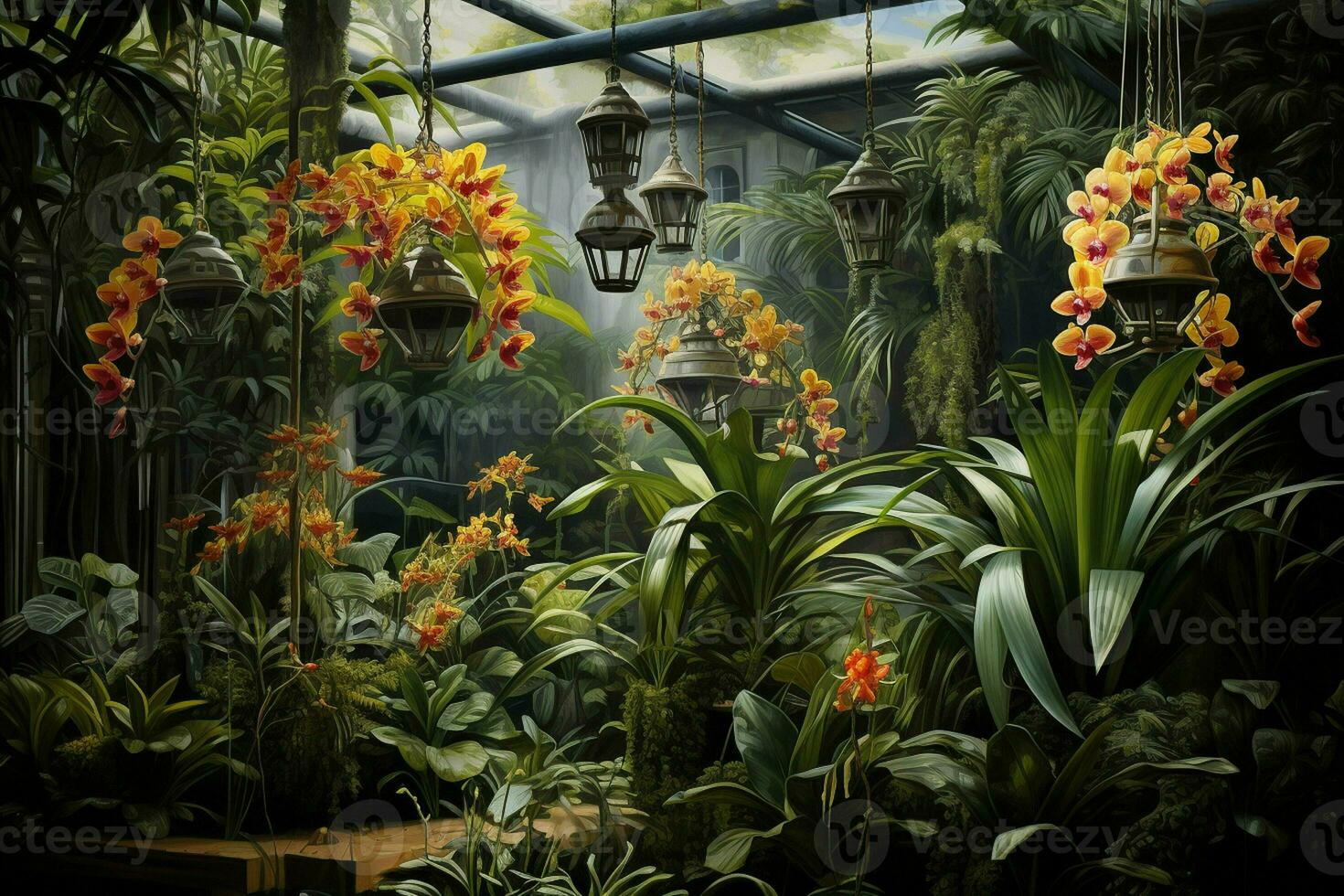 Greenhouse interior with plants on the windowsill and vintage armchair