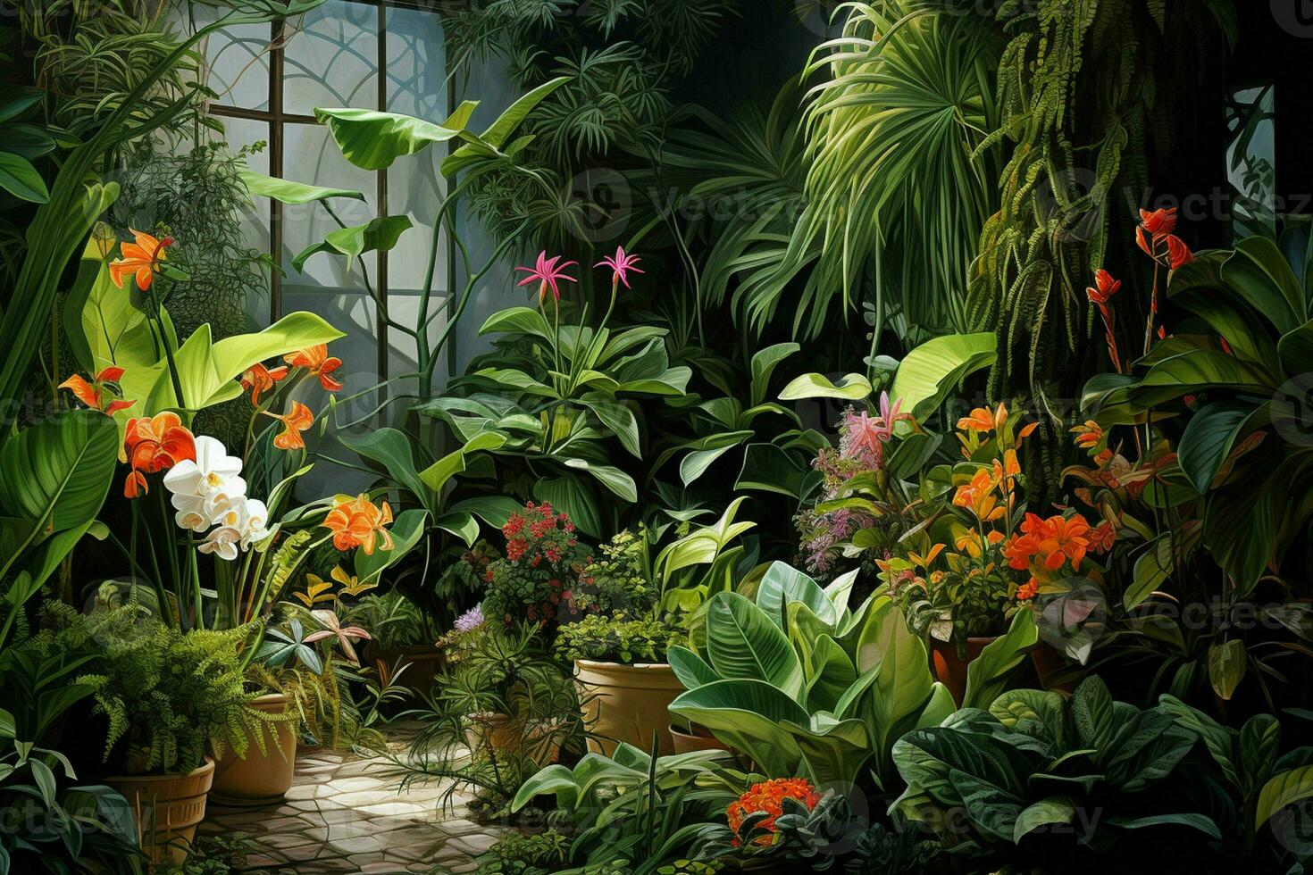 Greenhouse interior with plants on the windowsill and vintage armchair