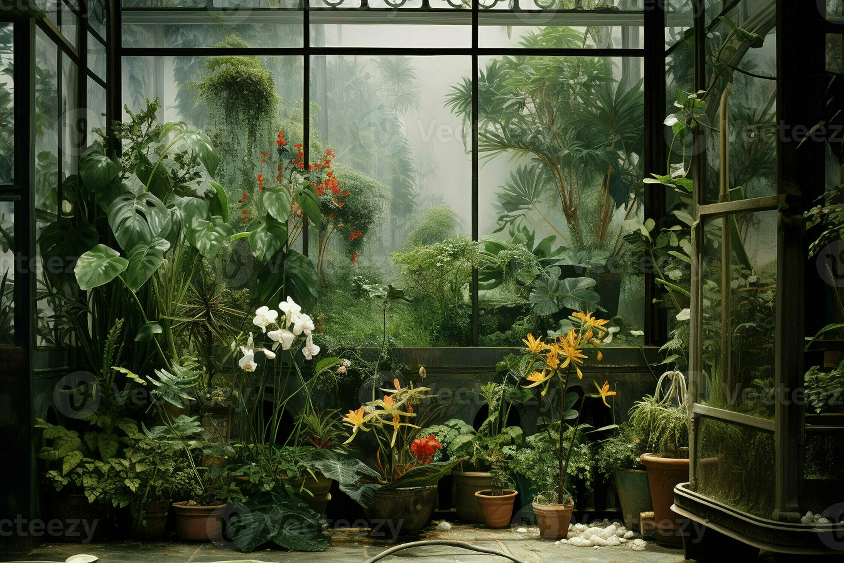 Greenhouse interior with plants on the windowsill and vintage armchair