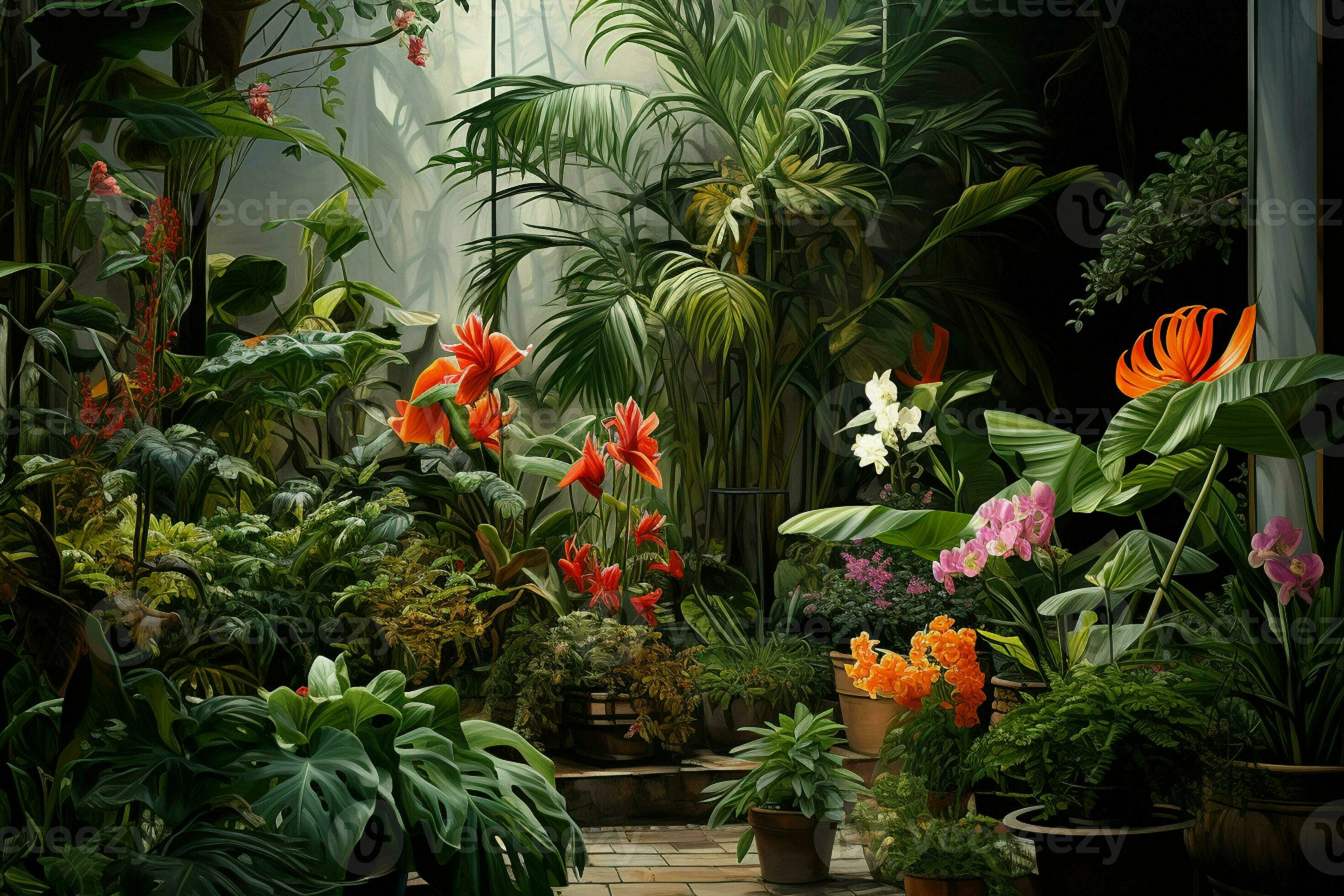 Greenhouse interior with plants on the windowsill and vintage armchair