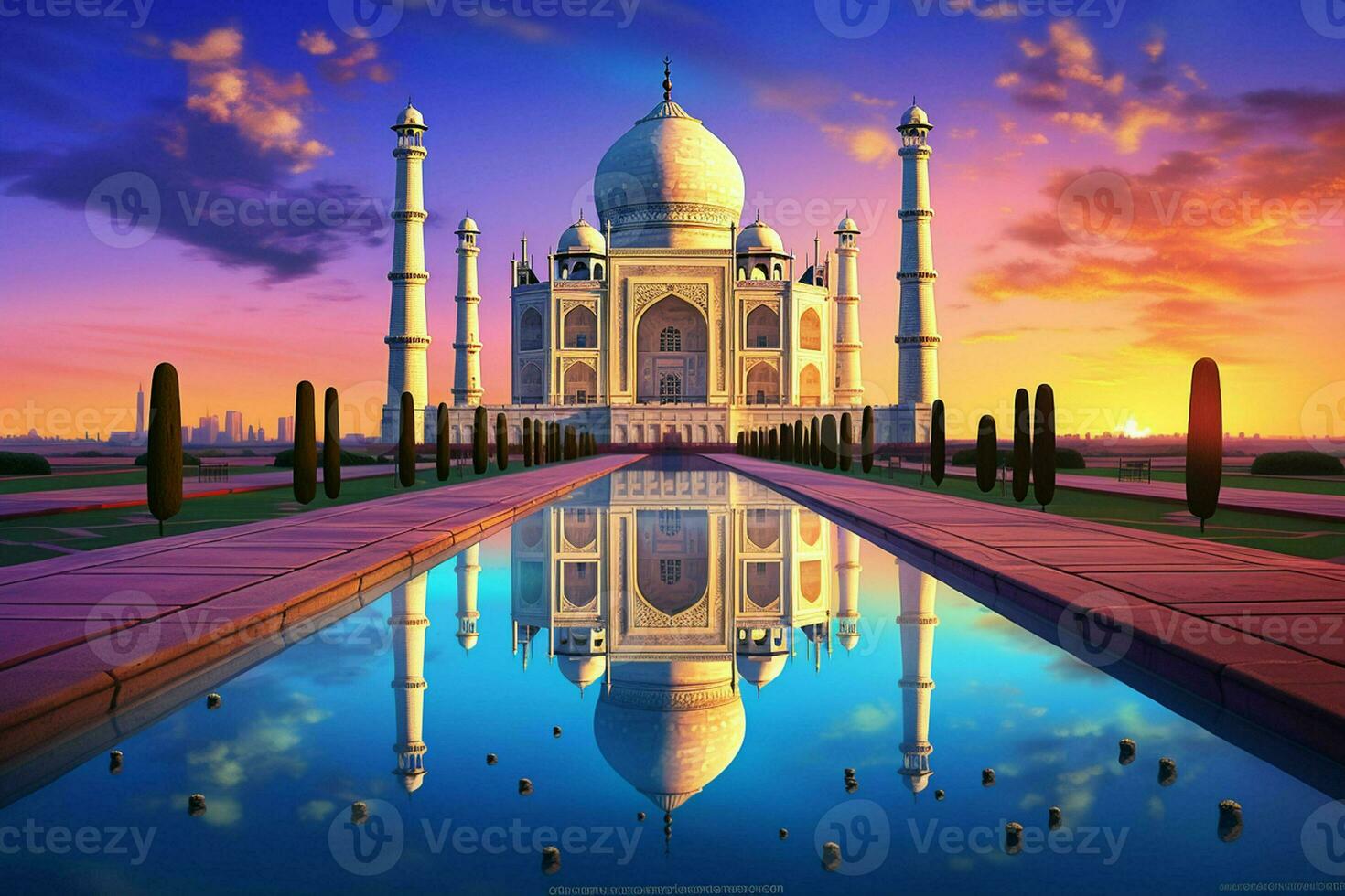 Taj Mahal with reflection in the pond. 3D rendering. ai generated pro photo