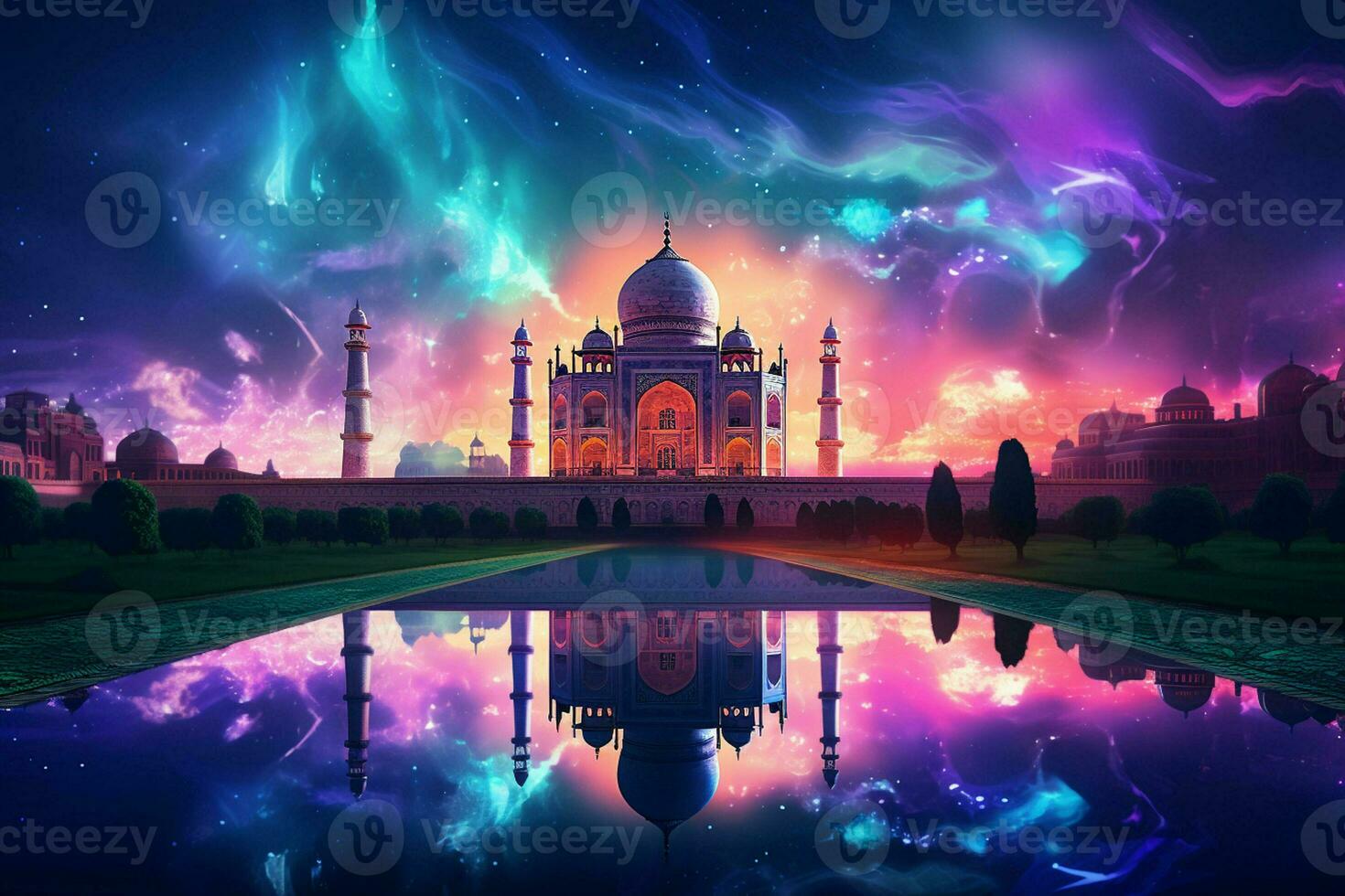 Taj Mahal with reflection in the pond. 3D rendering. ai generated pro photo