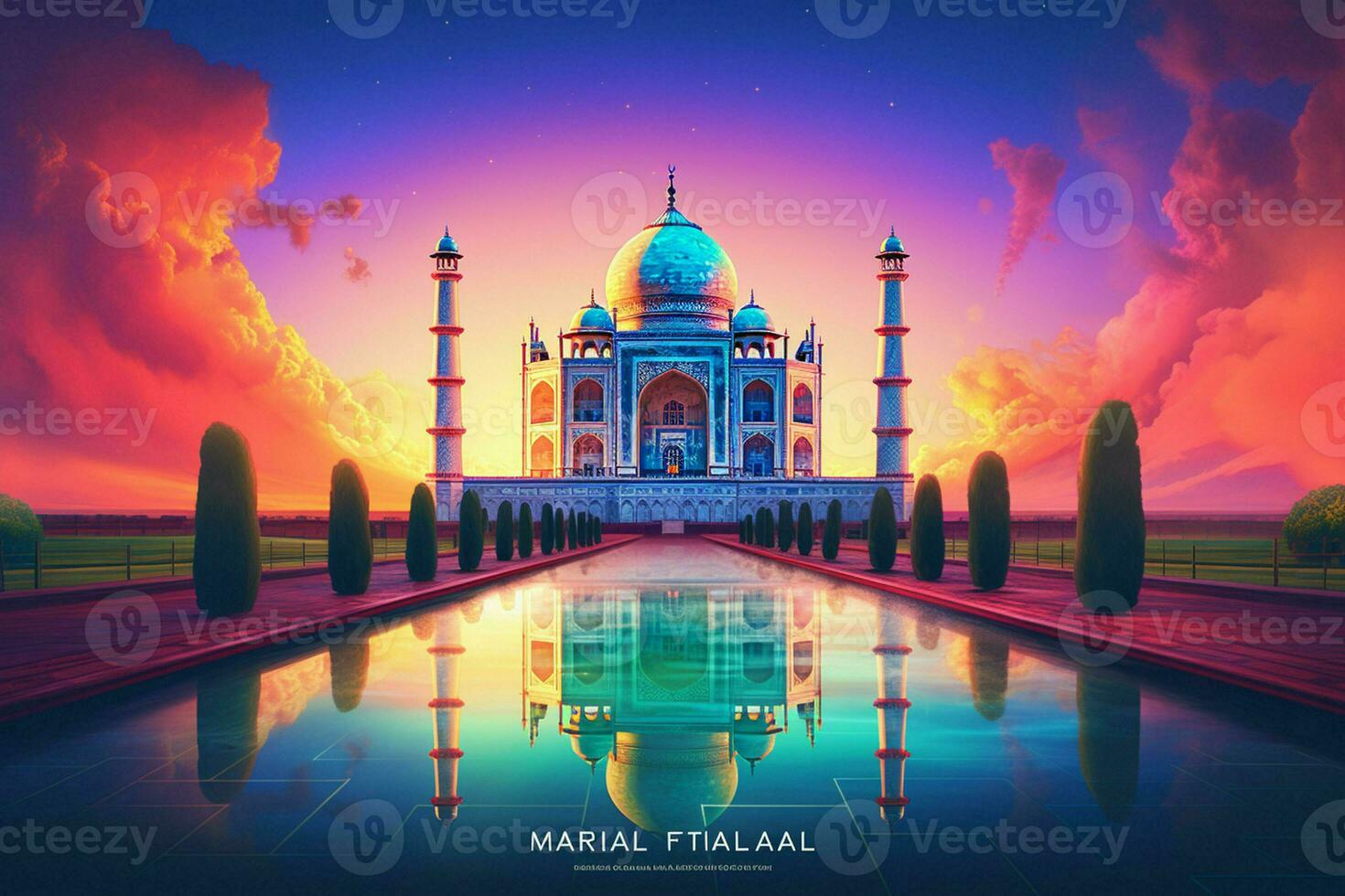 Taj Mahal with reflection in the pond. 3D rendering. ai generated pro photo