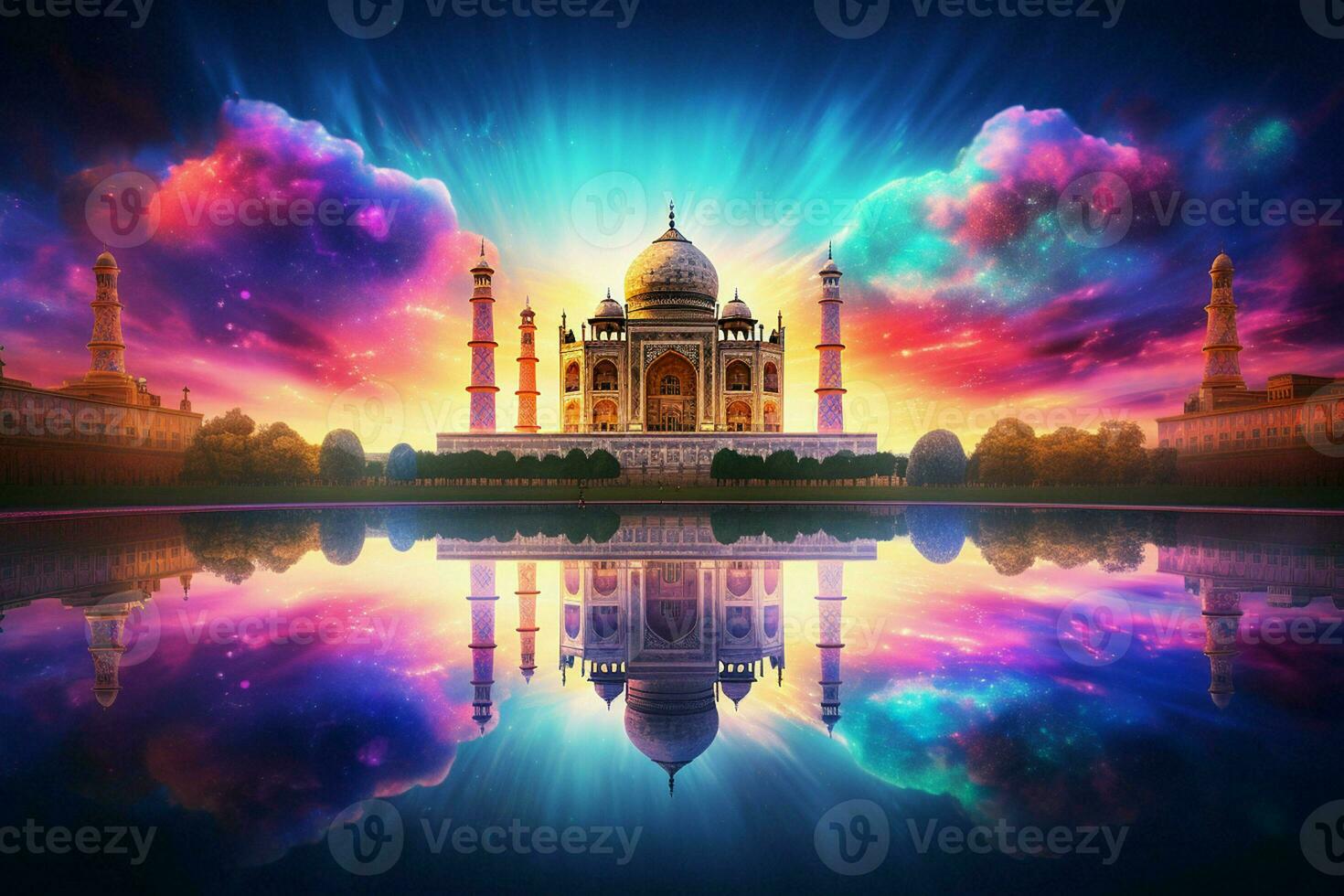 Taj Mahal with reflection in the pond. 3D rendering. ai generated pro photo