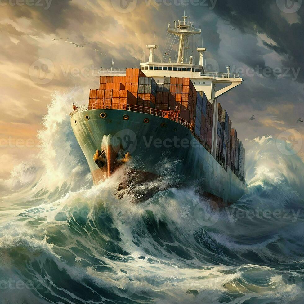 Cargo ship in stormy sea. 3D render illustration. ai generated pro photo