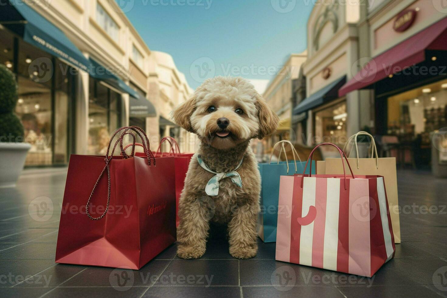 linda perro con compras pantalones en el ciudad. compras concepto. ai generado Pro foto