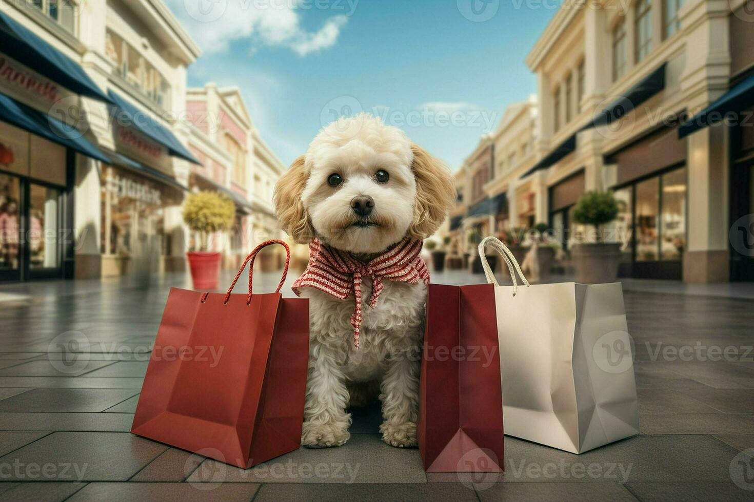 linda perro con compras pantalones en el ciudad. compras concepto. ai generado Pro foto