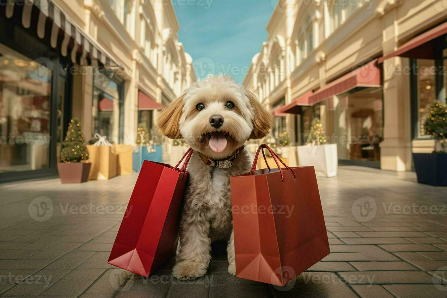 linda perro con compras pantalones en el ciudad. compras concepto. ai generado Pro foto