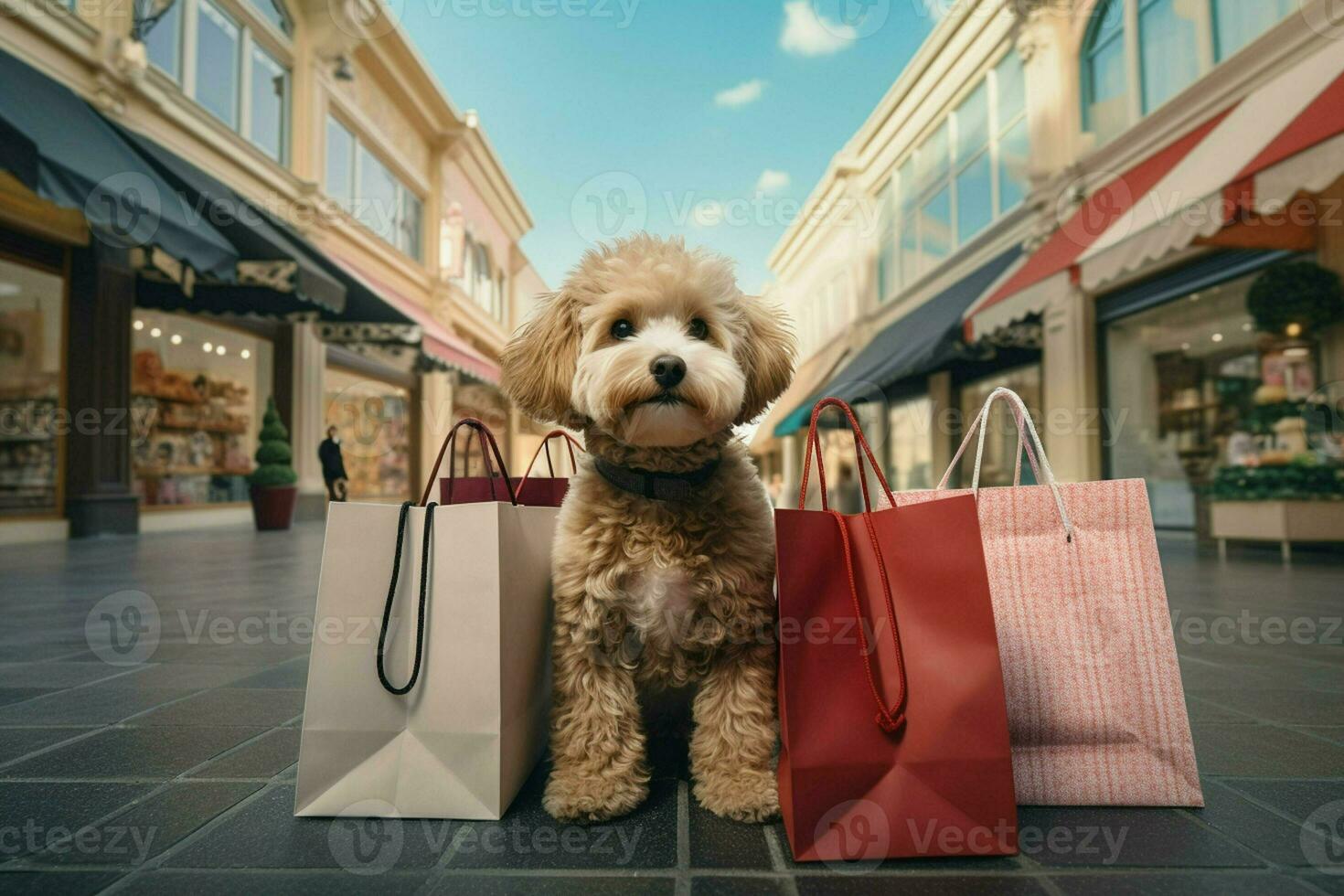 linda perro con compras pantalones en el ciudad. compras concepto. ai generado Pro foto