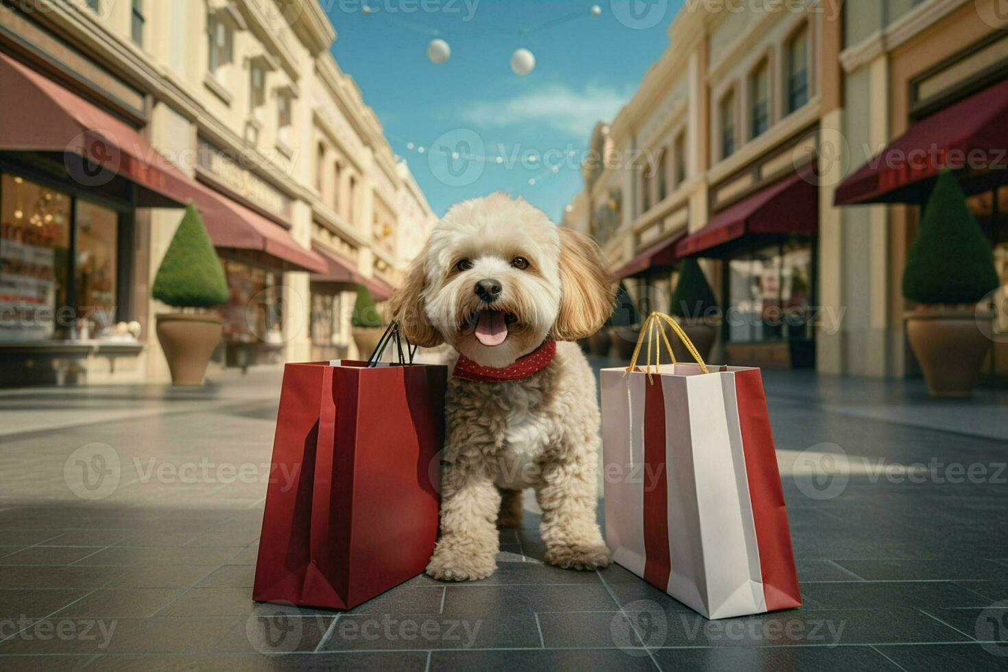 linda perro con compras pantalones en el ciudad. compras concepto. ai generado Pro foto