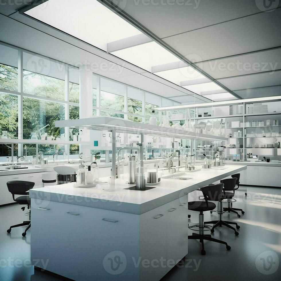 3d render of modern lab interior with glassware and science equipment. ai generated pro photo