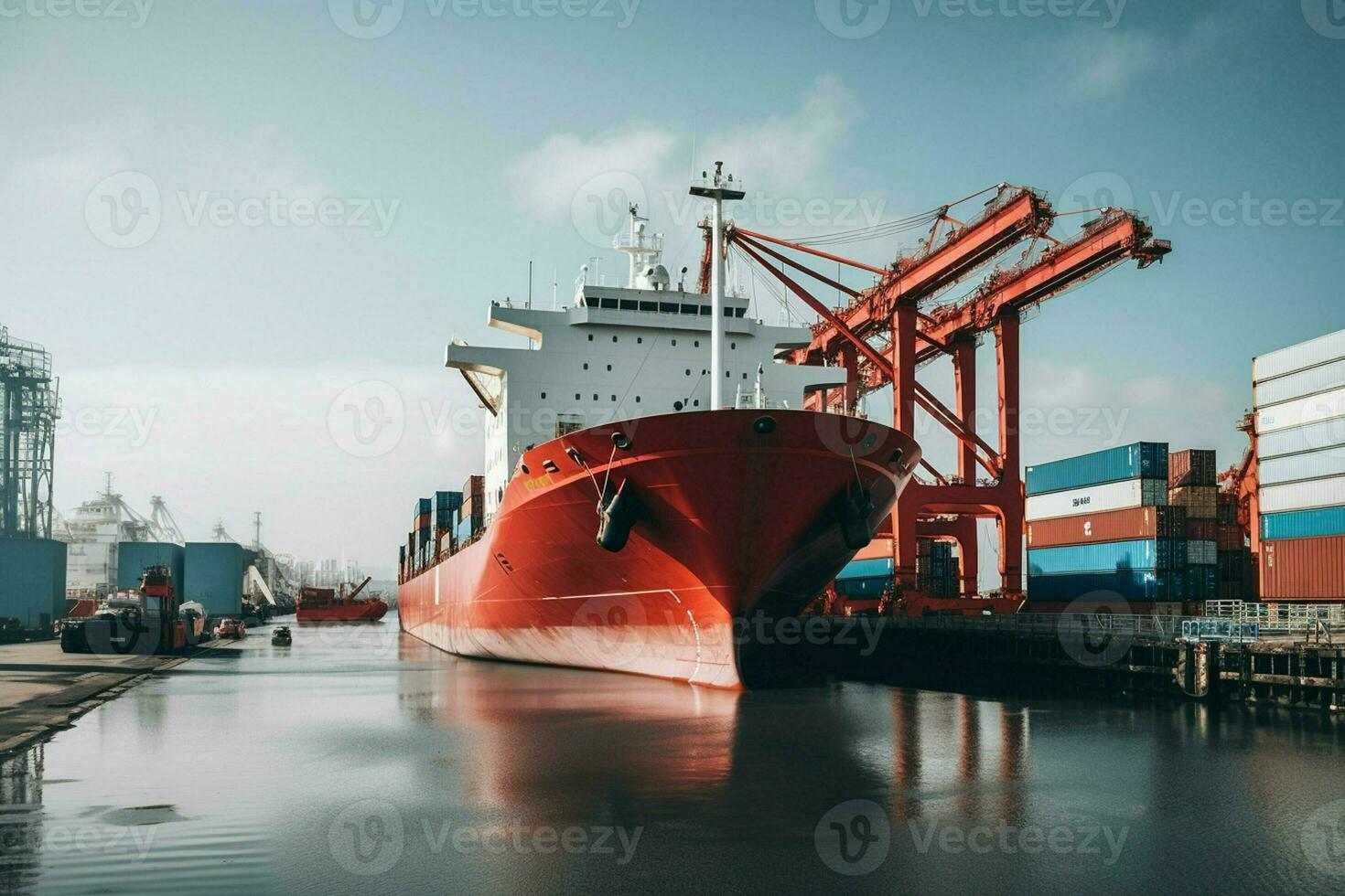 envase carga carga Embarcacion con trabajando grua puente en astillero para logístico importar exportar antecedentes. ai generado Pro foto