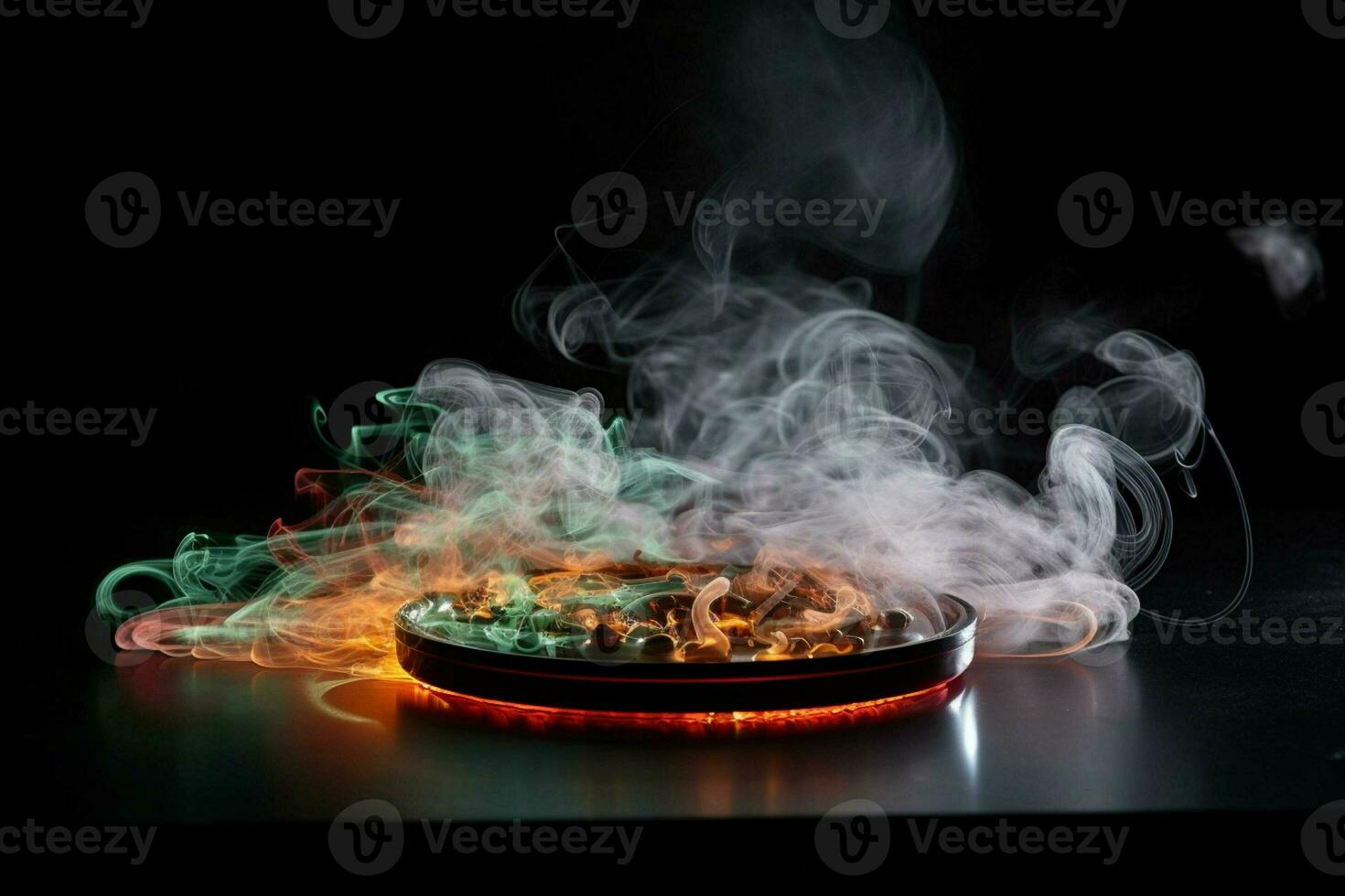 Incense in a bowl on a black background with smoke and fire. ai generated pro photo