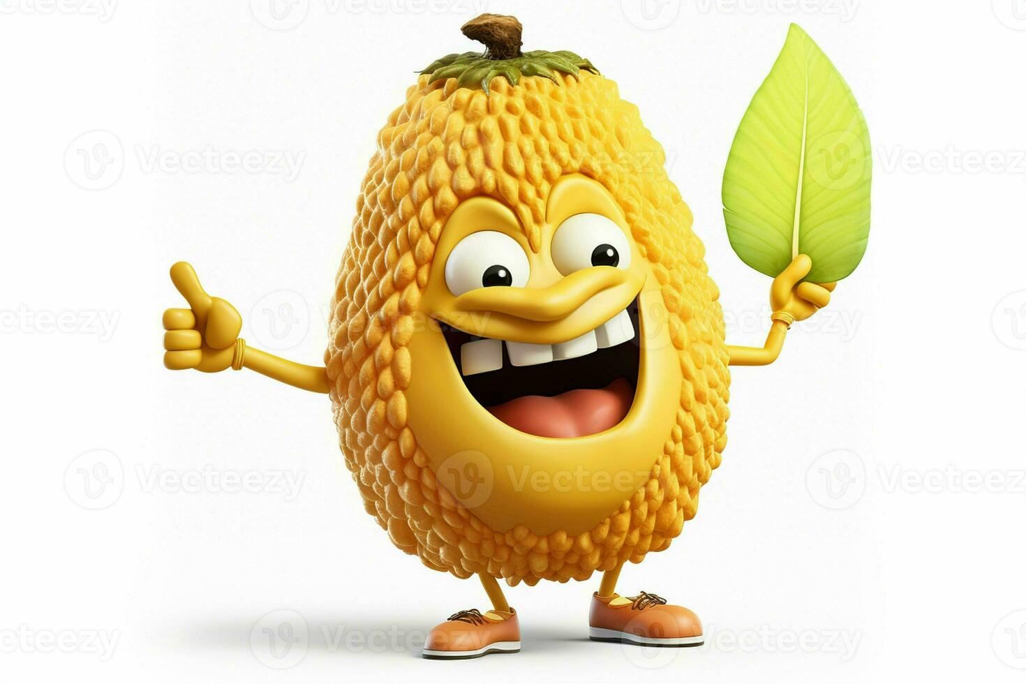 Cartoon character of durian with thumbs up gesture on white background. ai generated pro photo