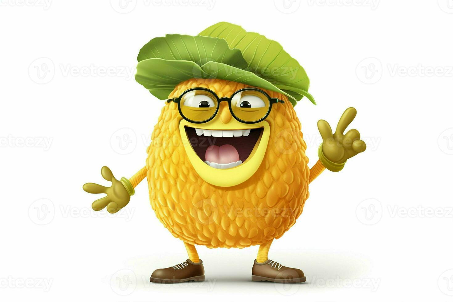 Cartoon character of durian with thumbs up gesture on white background. ai generated pro photo
