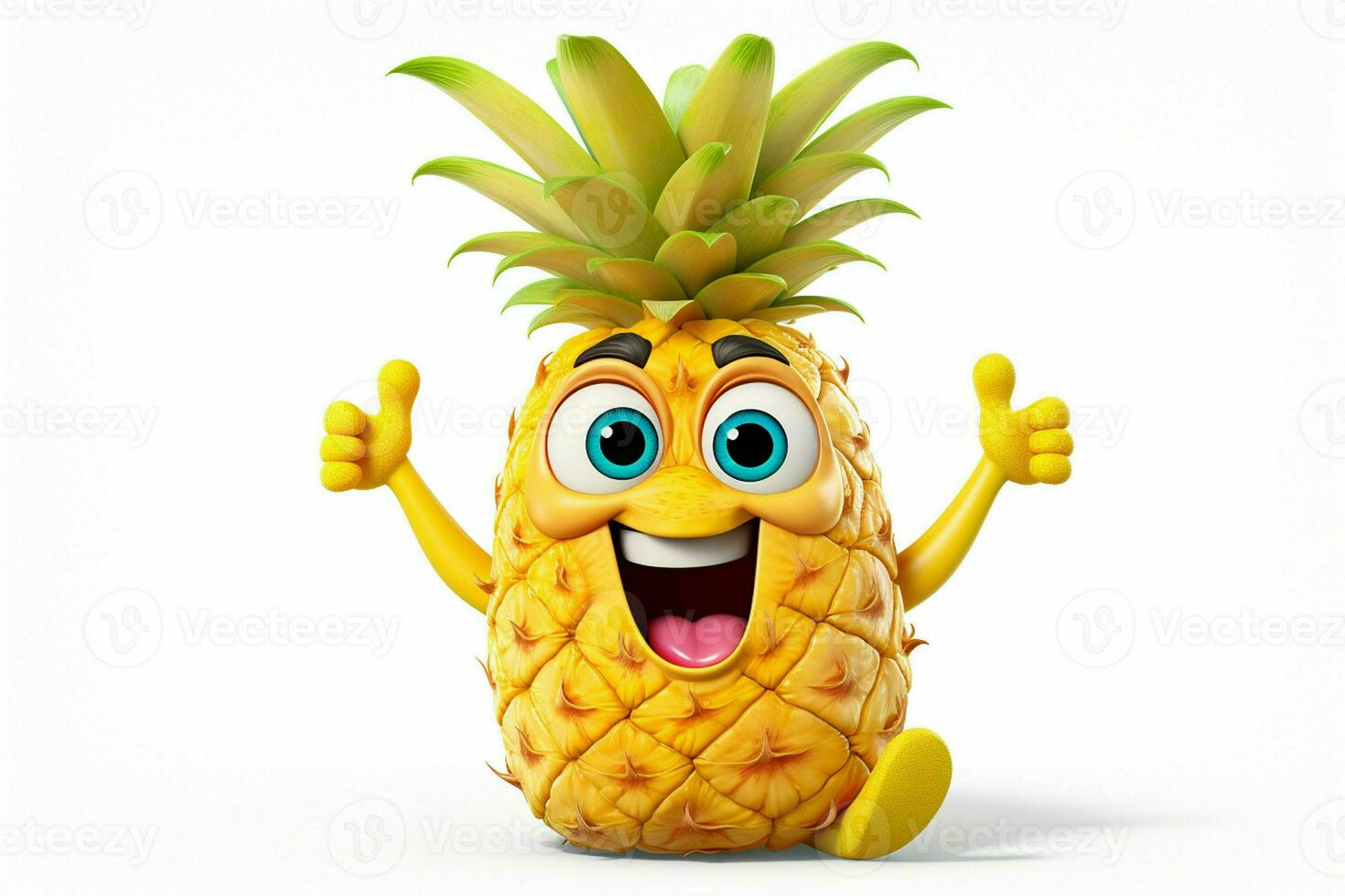 3d illustration of pineapple cartoon character with happy expression on white background. ai generated pro photo