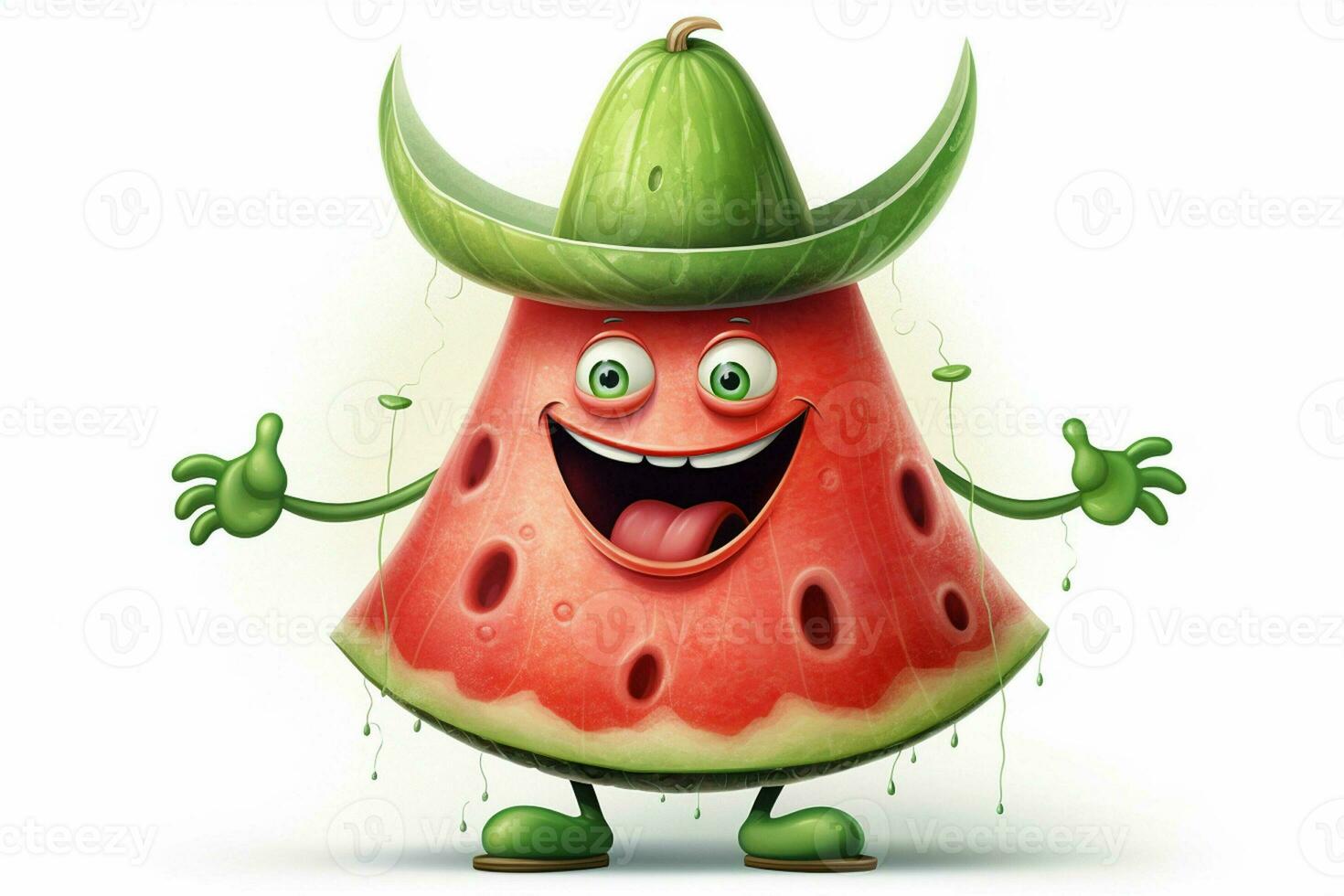 Funny watermelon character with green hat on white background. Vector illustration. ai generated pro photo