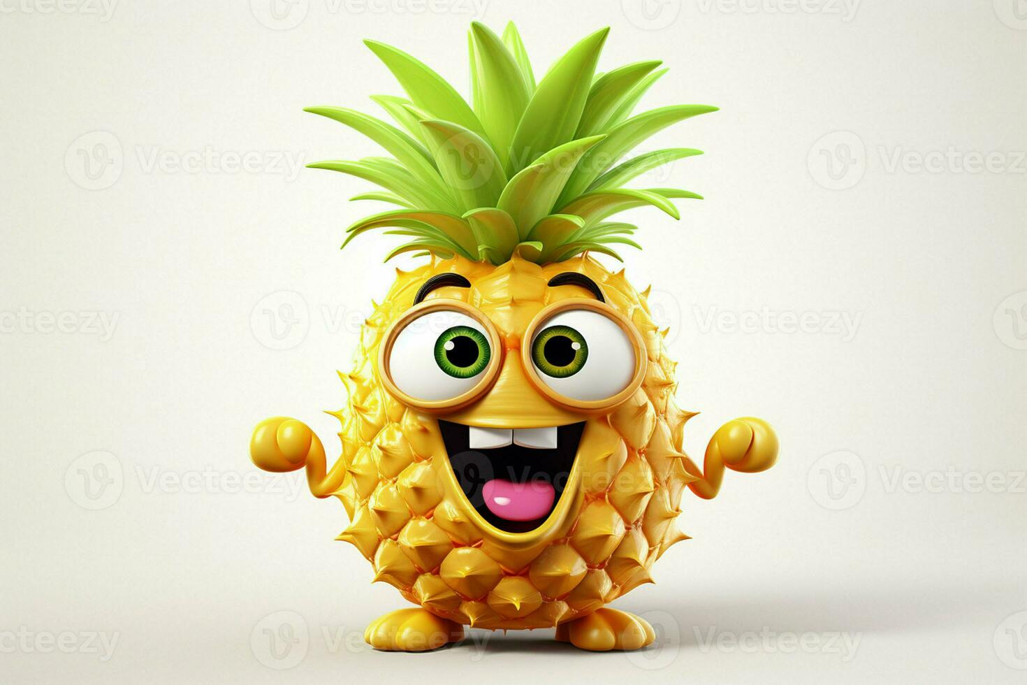 3d illustration of pineapple cartoon character with happy expression on white background. ai generated pro photo
