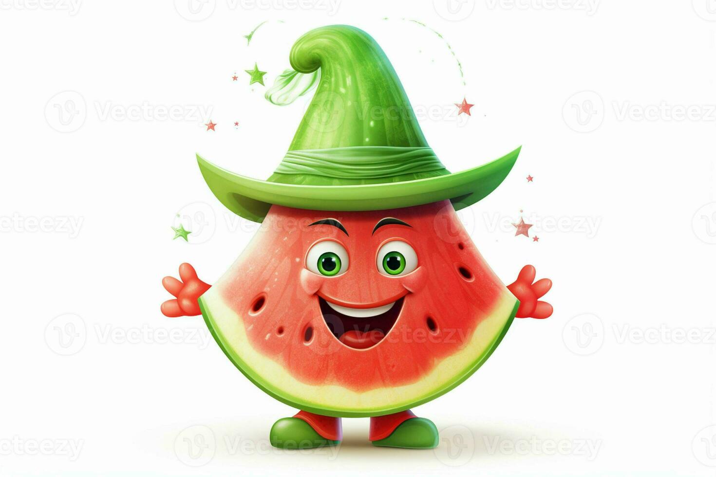 Funny watermelon character with green hat on white background. Vector illustration. ai generated pro photo