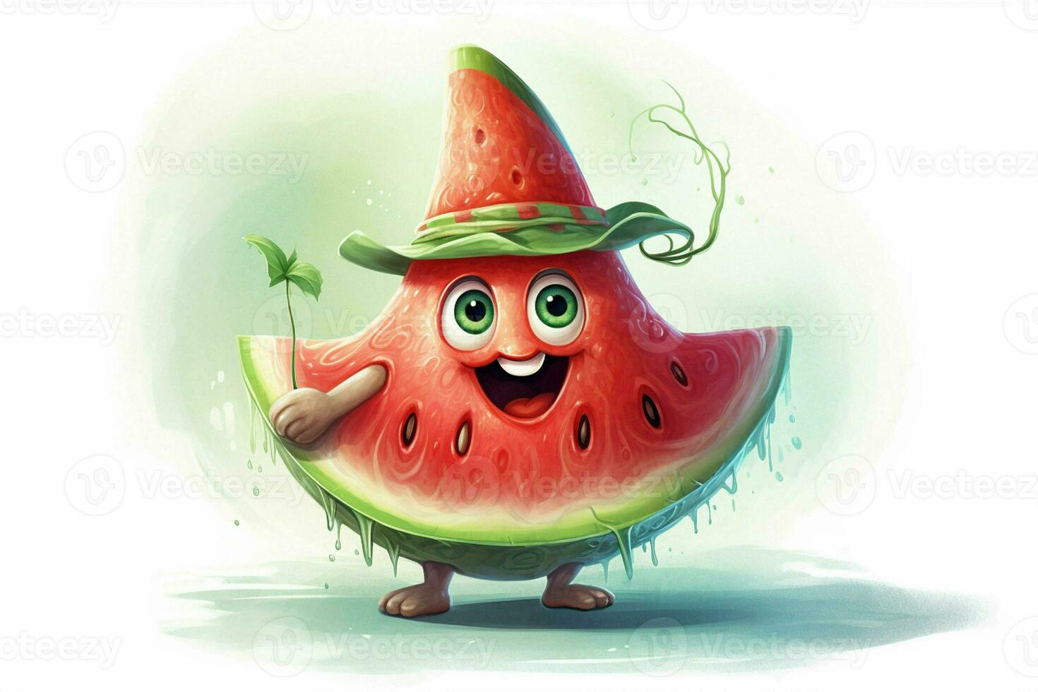 Funny watermelon character with green hat on white background. Vector illustration. ai generated pro photo