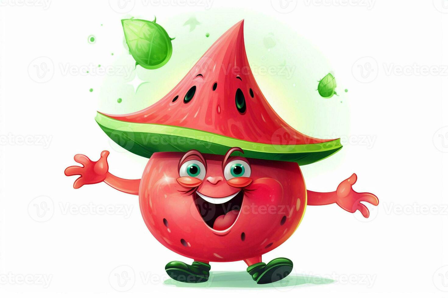 Funny watermelon character with green hat on white background. Vector illustration. ai generated pro photo