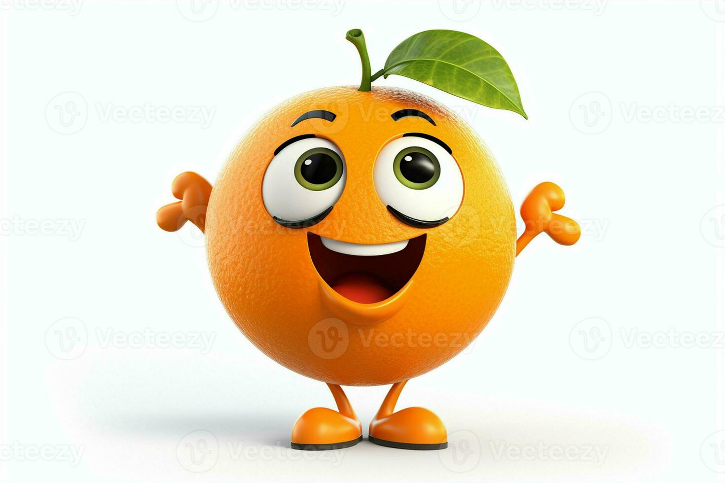 Cartoon character of orange with green leaf on white background, 3d rendering. ai generated pro photo