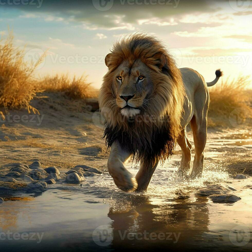 Lion walking on the bank of a frozen river at sunset. ai generated pro photo