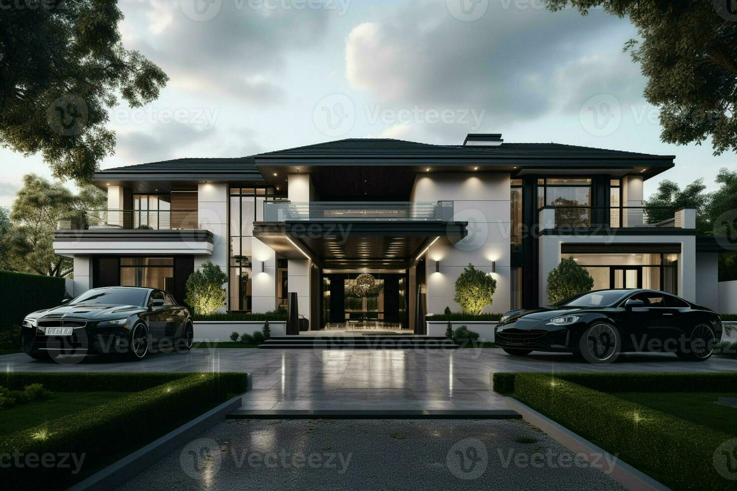 3d rendering of modern cozy house with pool and parking for sale or rent. Black car in front. Clear sunny summer day with blue sky. ai generated pro photo