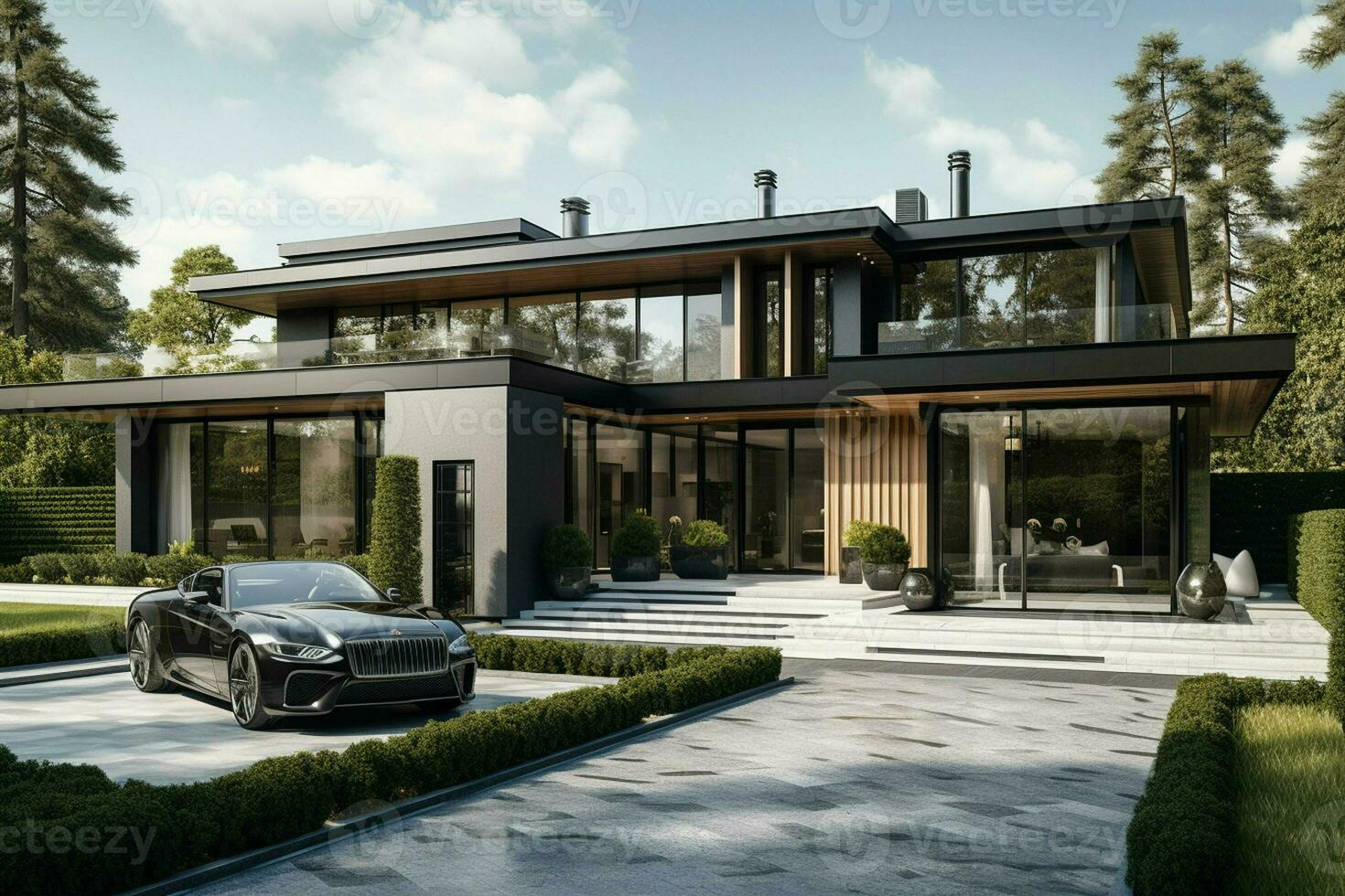 3d rendering of modern cozy house with pool and parking for sale or rent. Black car in front. Clear sunny summer day with blue sky. ai generated pro photo