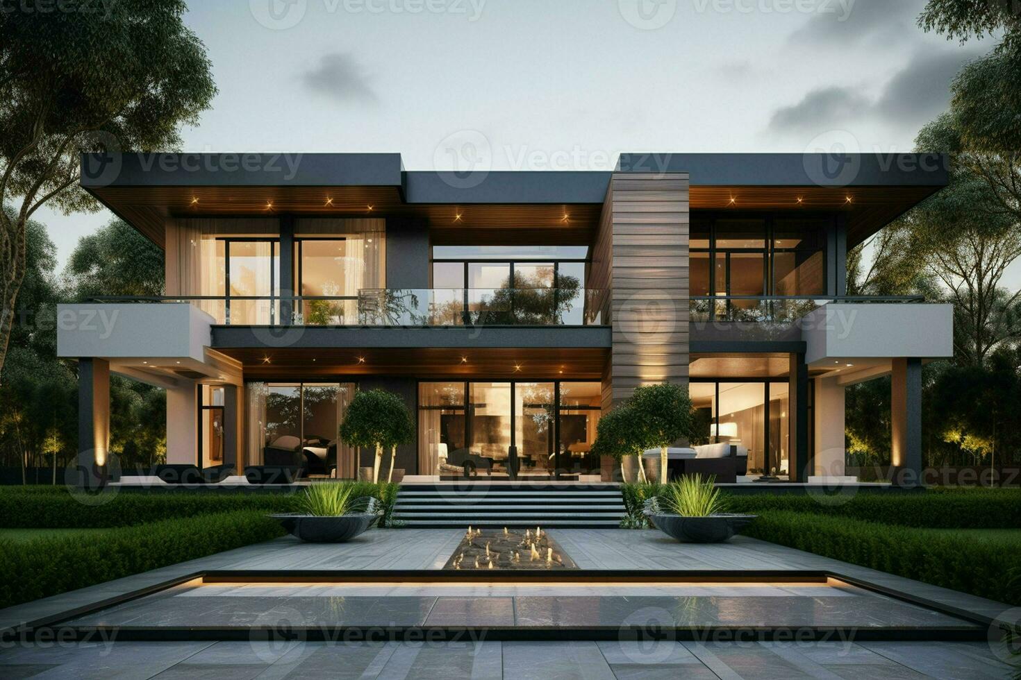 3d rendering of modern cozy house with pool and parking for sale or rent. Black car in front. Clear sunny summer day with blue sky. ai generated pro photo