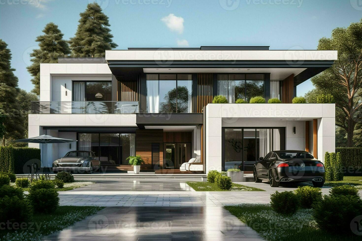 3d rendering of modern cozy house with pool and parking for sale or rent. Black car in front. Clear sunny summer day with blue sky. ai generated pro photo