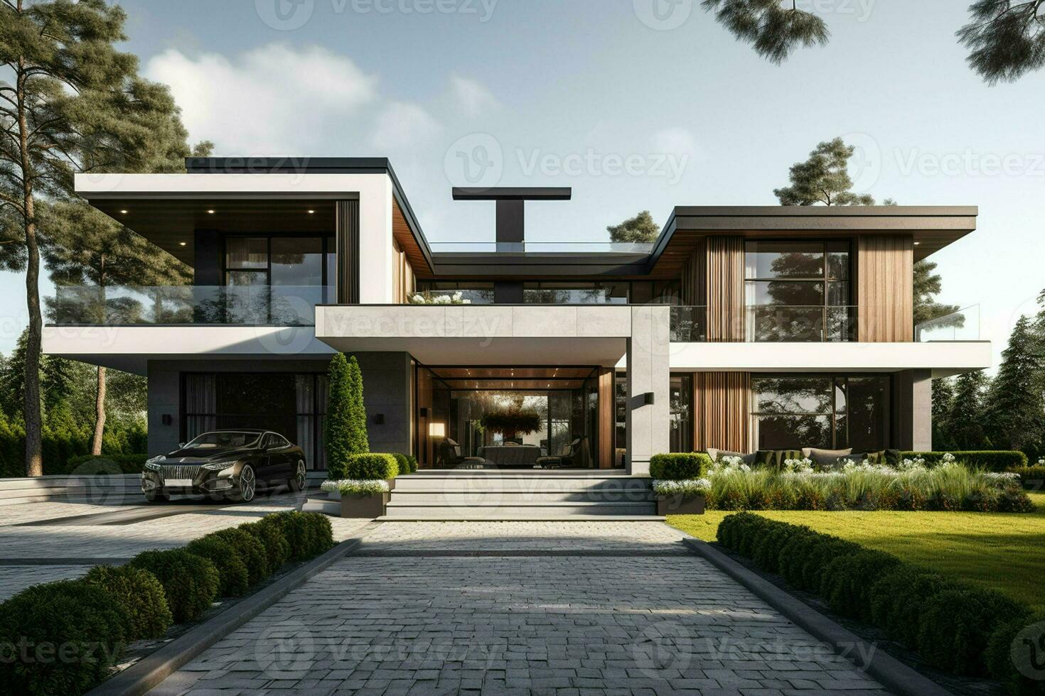 3d rendering of modern cozy house with pool and parking for sale or rent. Black car in front. Clear sunny summer day with blue sky. ai generated pro photo