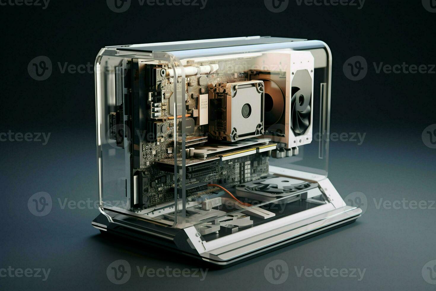 3d rendering of a computer case on a black background with reflection. ai generated pro photo