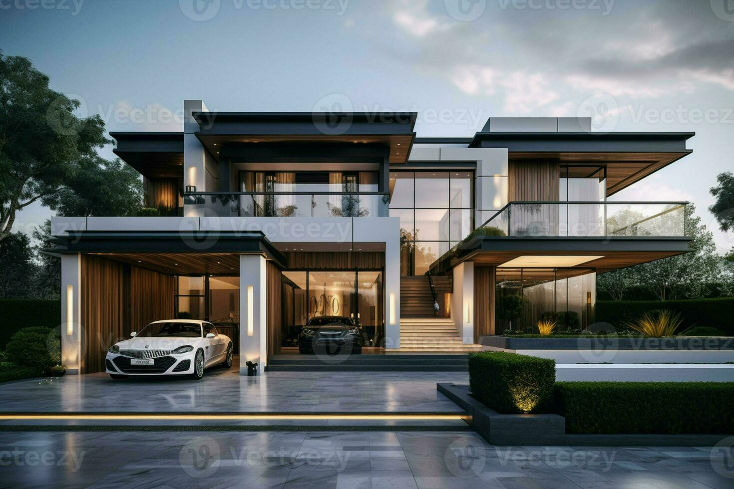 3d rendering of modern cozy house with pool and parking for sale or rent. Black car in front. Clear sunny summer day with blue sky. ai generated pro photo