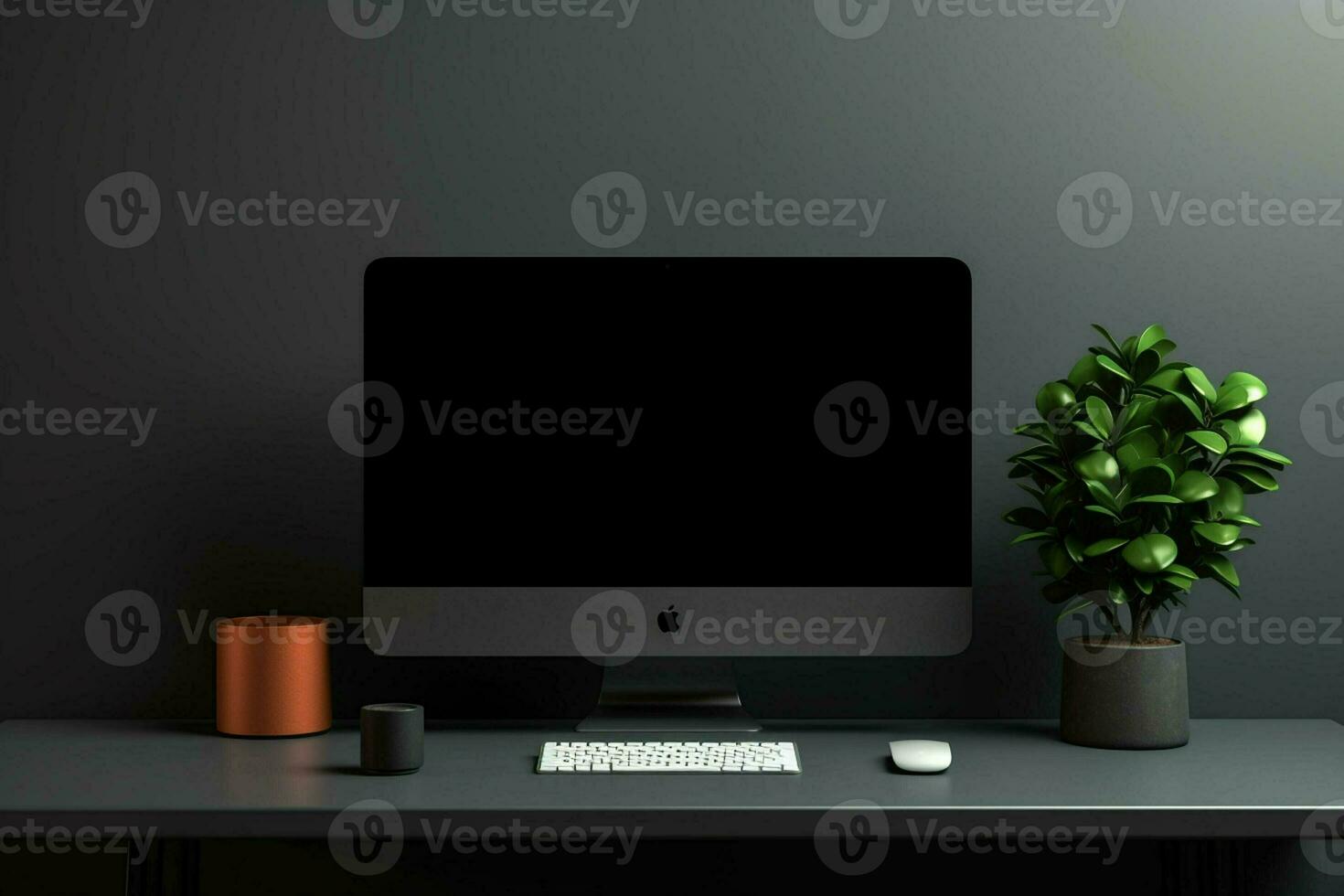 Front view of modern workplace with blank black computer screen, coffee cup and plant in pot. Mock up, 3D Rendering. ai generated pro photo
