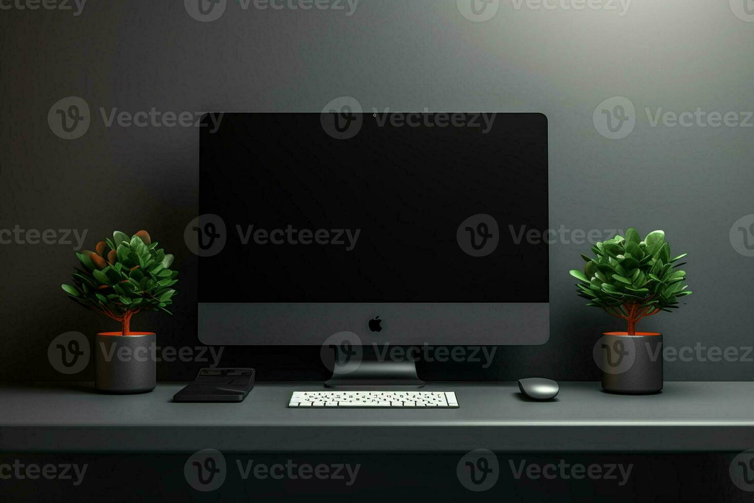 Front view of modern workplace with blank black computer screen, coffee cup and plant in pot. Mock up, 3D Rendering. ai generated pro photo