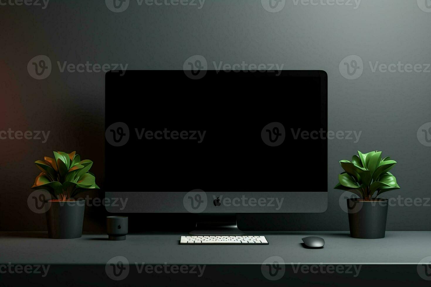 Front view of modern workplace with blank black computer screen, coffee cup and plant in pot. Mock up, 3D Rendering. ai generated pro photo