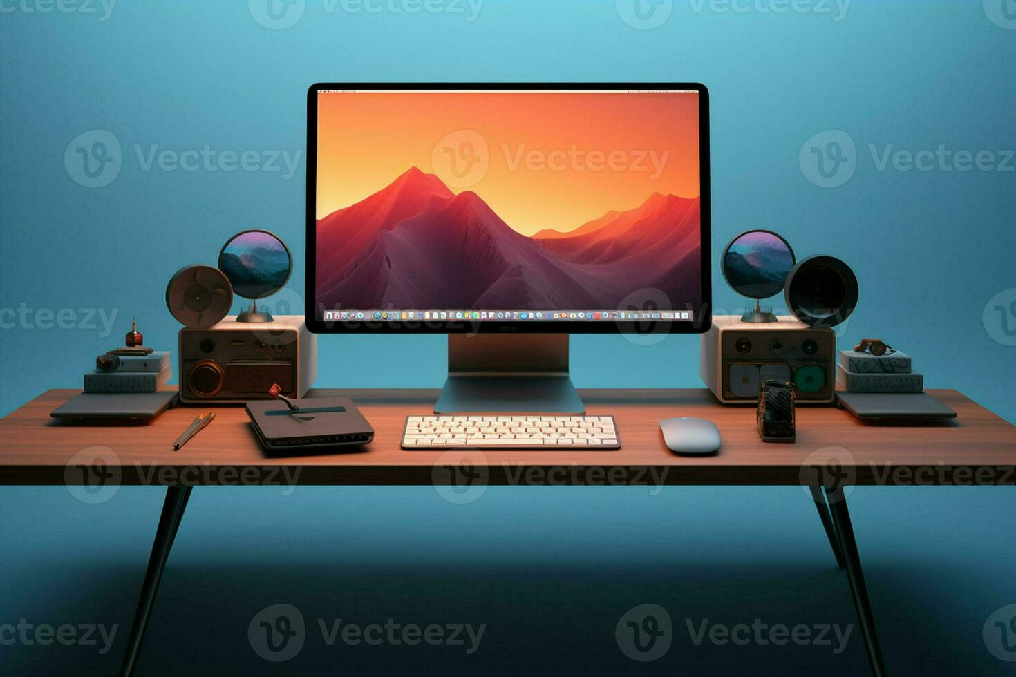 Modern desktop with computer, tablet and mobile phone. 3d render. ai generated pro photo