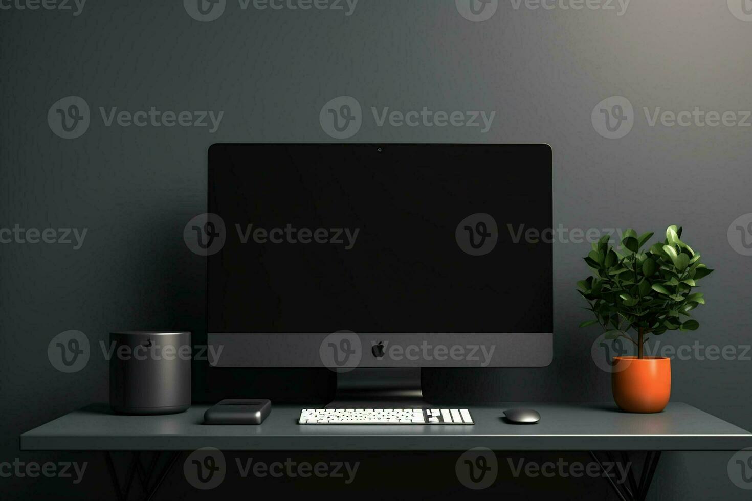 Front view of modern workplace with blank black computer screen, coffee cup and plant in pot. Mock up, 3D Rendering. ai generated pro photo