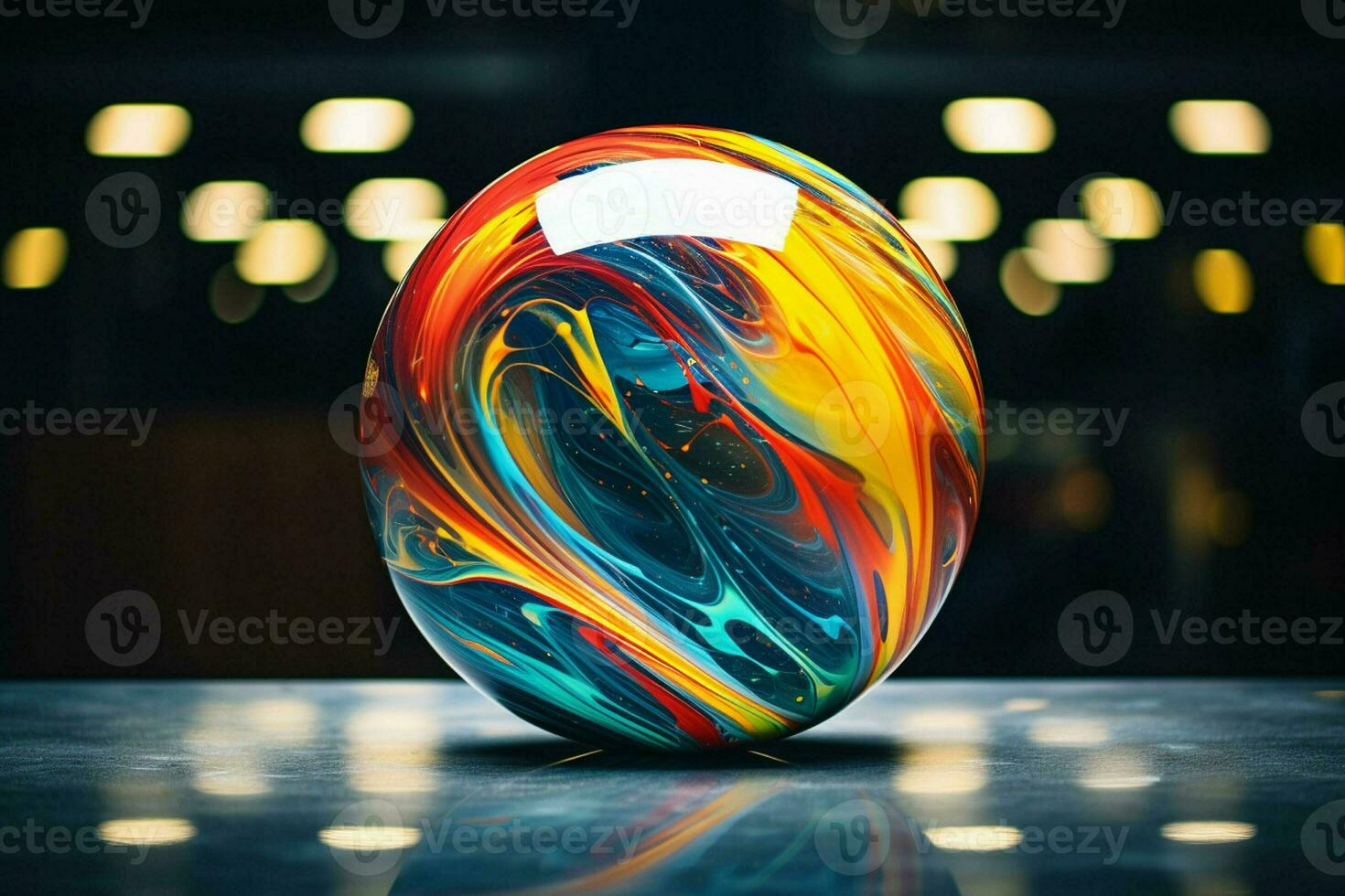 3d render of an abstract colorful marble ball on a wooden table. ai generated pro photo