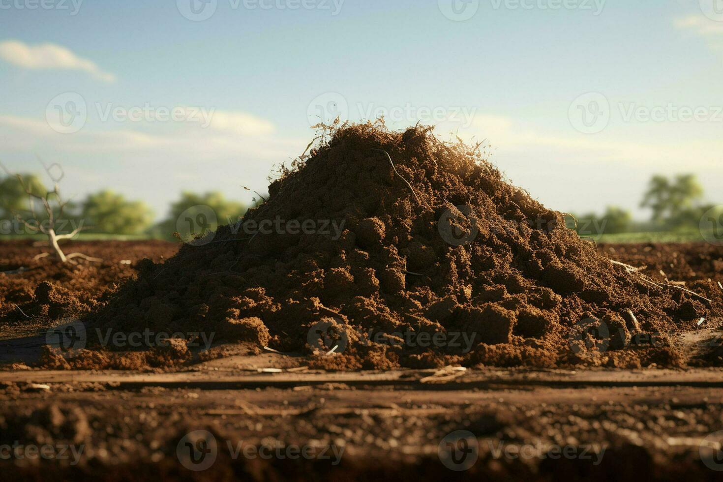 Pile of soil on the background of the forest and mountains. ai generated pro photo