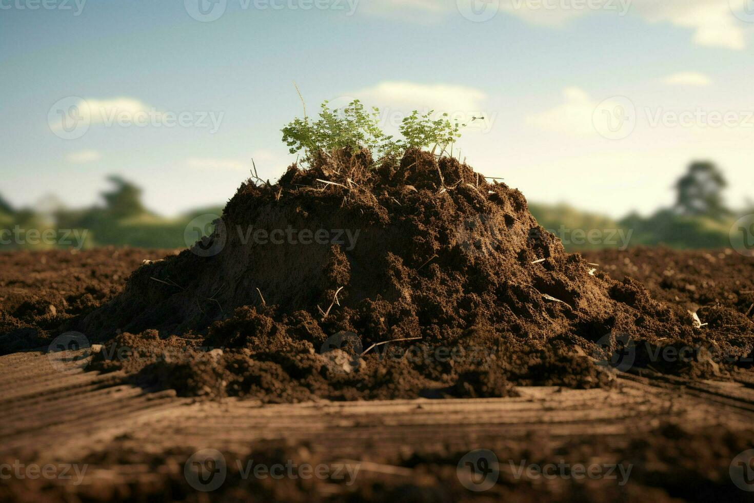 Pile of soil on the background of the forest and mountains. ai generated pro photo