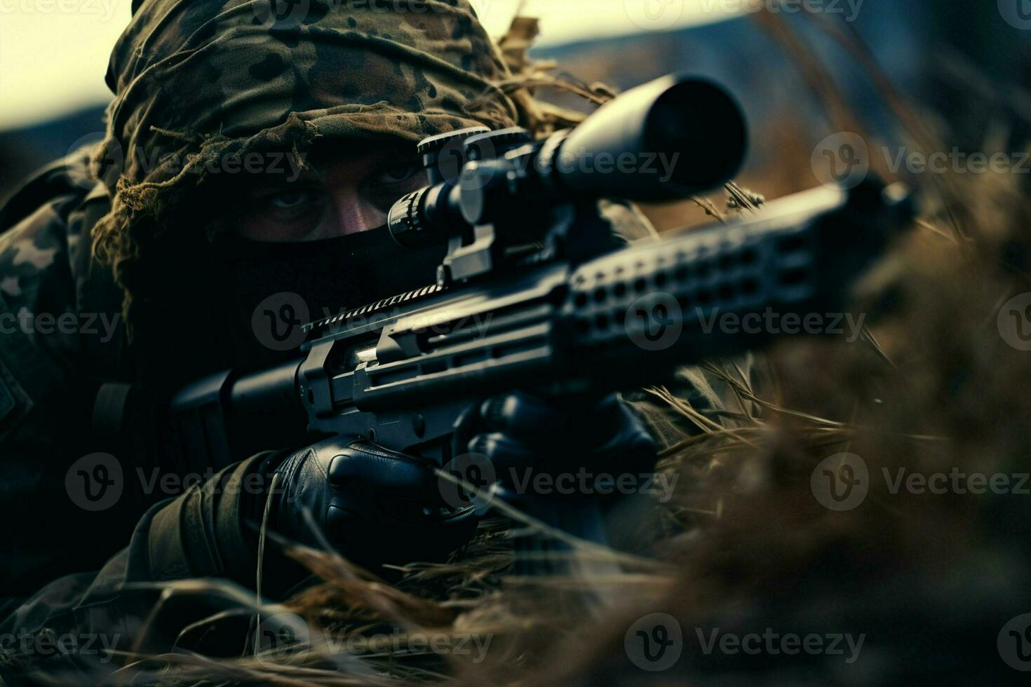 Close-up of man with sniper scope. Selective focus. ai generated pro photo